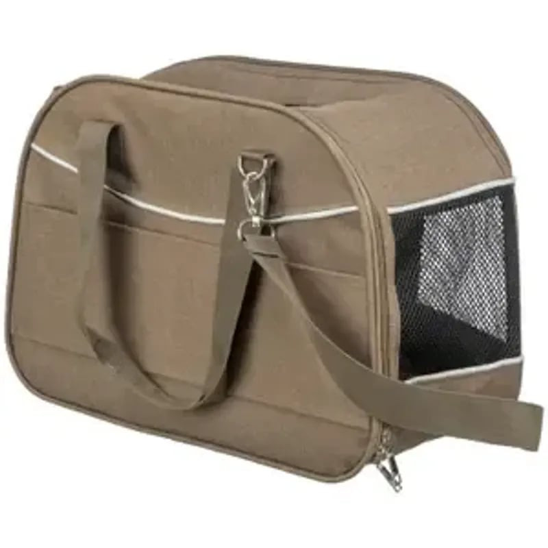 Vue latérale du sac de transport TRIXIE Alison Sable montrant tissu taupe, passepoil blanc, panneaux