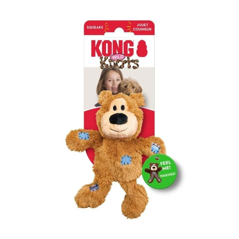 Jouet chien KONG Wild Knots Bear XS en emballage retail, ours brun avec patchs, étiquettes bilingues