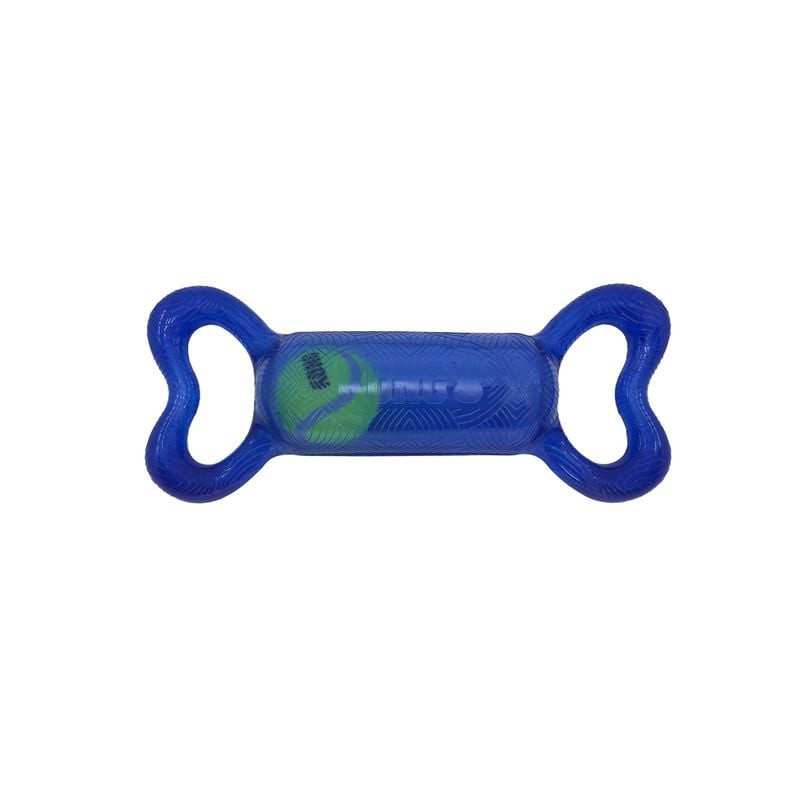 Jouet KONG Jumbler Tug bleu en forme d'os avec deux poignées et balle de tennis verte visible à trav