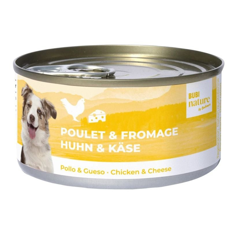BUBIMEX Bubinature pâtée poulet & fromage en boîte jaune 70g, avec Berger australien, icônes poulet 