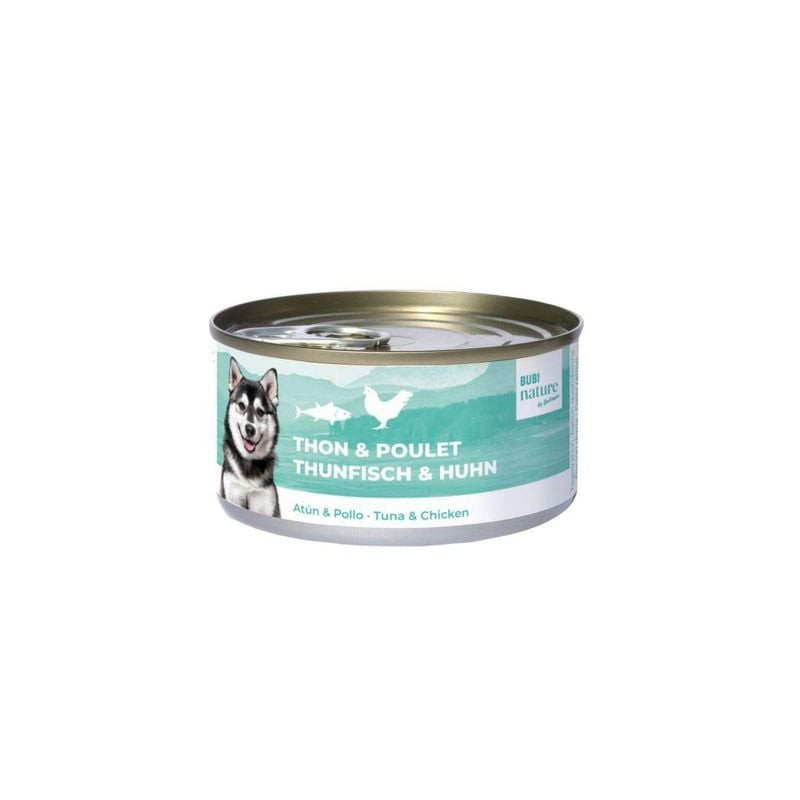 Pâtée Bubi Nature 70g au thon et poulet pour chien, avec graphismes Husky, poisson et poulet sur éti