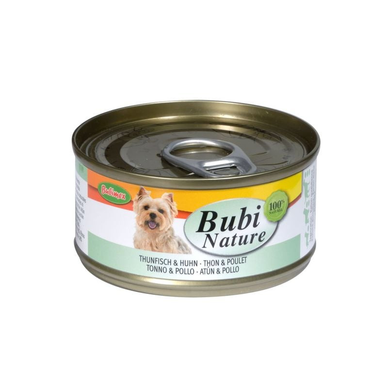 Vue latérale de la boîte Bubi Nature 70g pâtée thon et poulet pour chien BUBIMEX, avec image de York