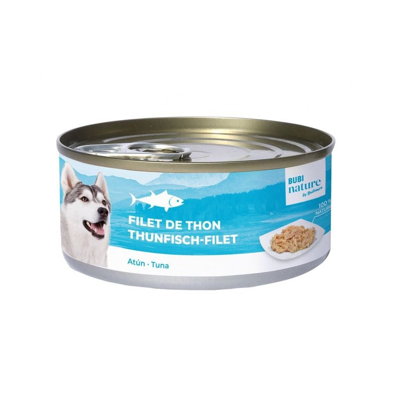 Boîte Bubimex Bubinature pâtée thon 150g pour chien, vue ouverte, avec Husky, image thon sur étiquet