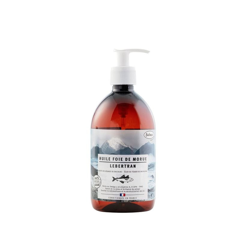 Bubimex 1143314 Huile de foie de morue en flacon ambré 500 ml avec pompe, étiquette indiquant vitami