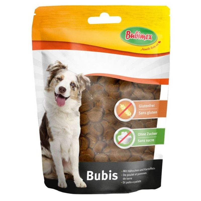 Friandises Bubimex Bubis poulet sans gluten 200g en sachet orange, avec Border Collie heureux, frian