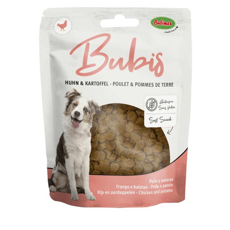 Gros plan du sachet Bubimex Bubis 200g de friandises moelleuses au poulet, icône poulet, image chien