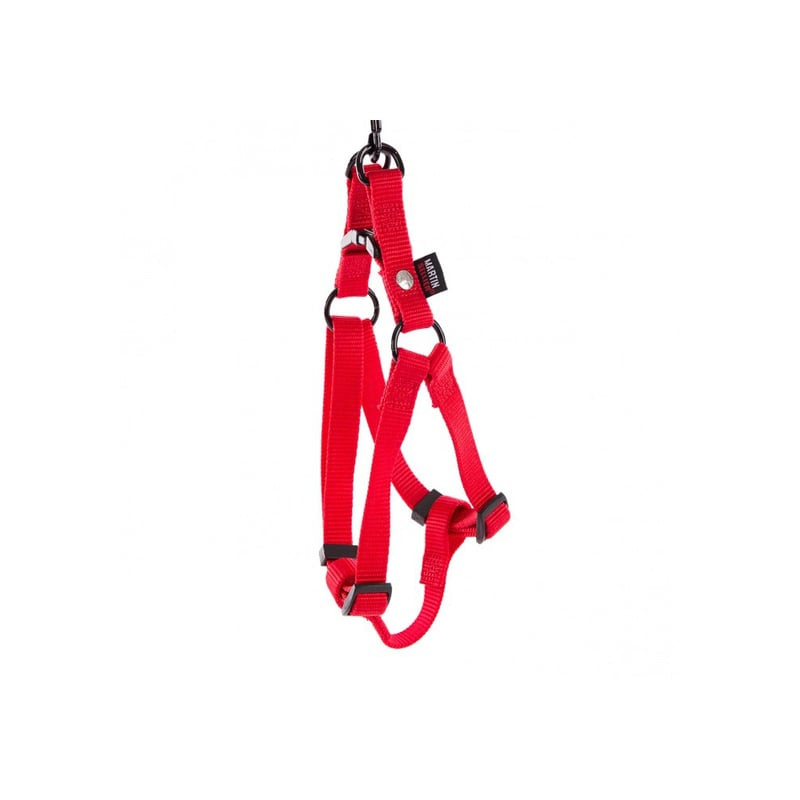 Harnais nylon réglable Martin Sellier rouge avec boucles rapides, anneaux D avant et arrière.