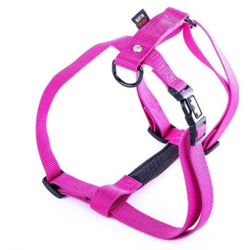 Harnais nylon réglable Martin Sellier rose vif pour chien, vue avant et côté avec boucle.
