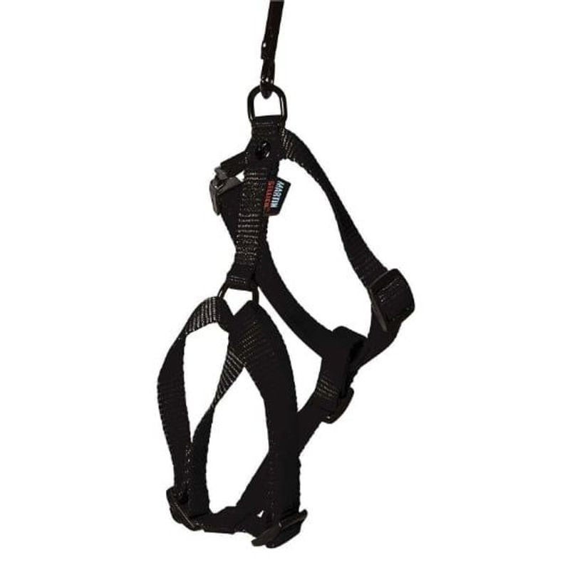 Gros plan sur le harnais nylon réglable Martin Sellier noir pour chien, mettant en valeur ses sangle