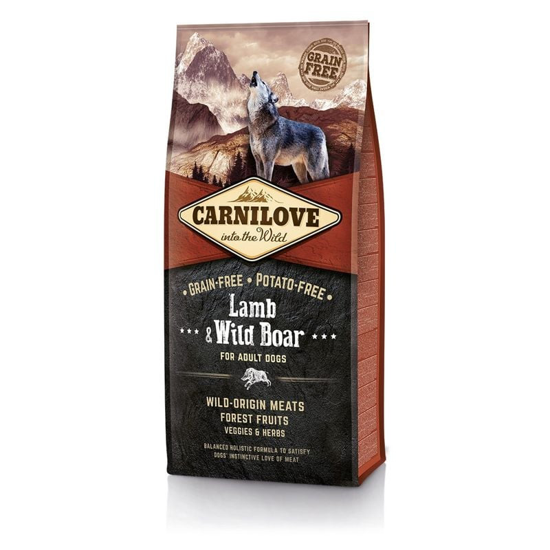 Sac Carnilove agneau & sanglier sans céréales 1,5 kg, vue avant avec loup en montagne, logo marque e