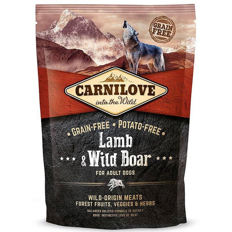 Vue latérale du sac Carnilove 1143592 1,5 kg pour chiens adultes, mettant en avant la marque Carnilo