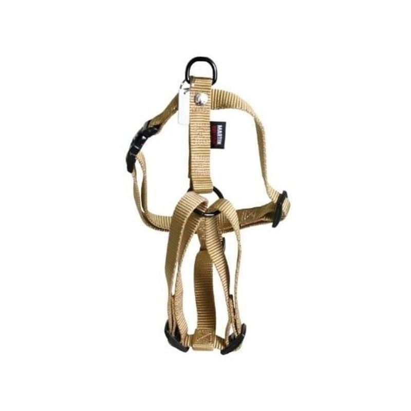 Gros plan sur harnais nylon réglable Martin Sellier beige taille M pour chien, détails boucles et an