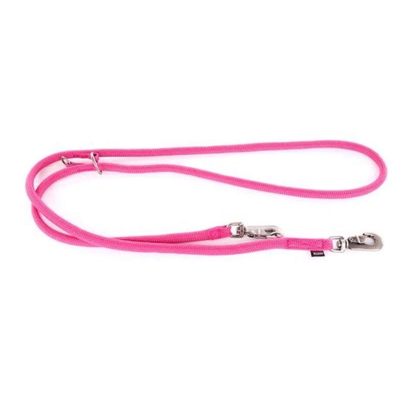 Laisse multi-position nylon rose Martin Sellier entièrement déployée, montrant trois sections ajusta