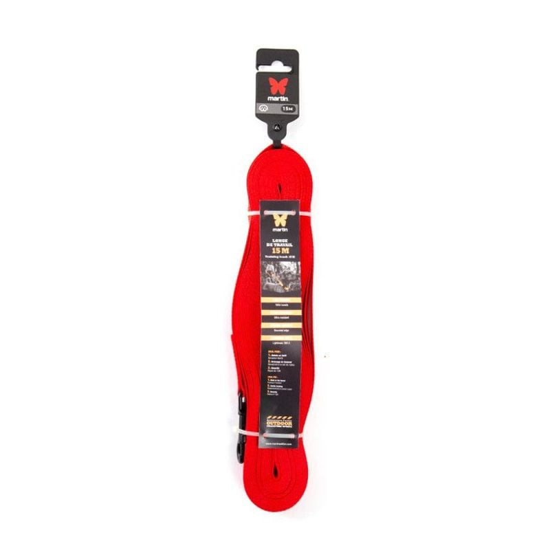 Longe d'entraînement Martin Sellier nylon rouge (20mm x 15m) enroulée sur fond blanc avec emballage,