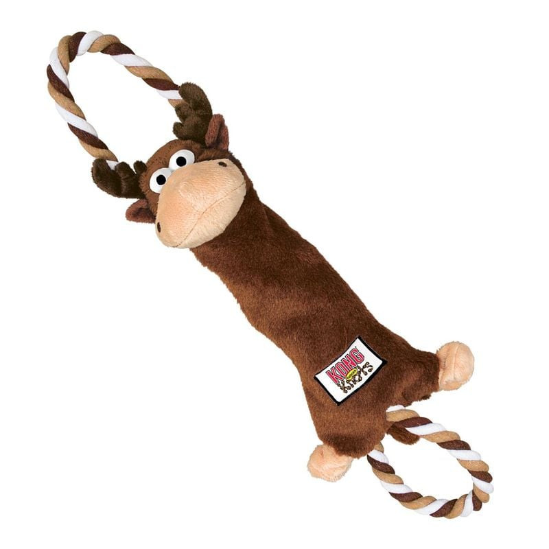 Jouet de traction KONG Tugger Knots Moose ML pour chien, élan en peluche marron avec bois, poignées 