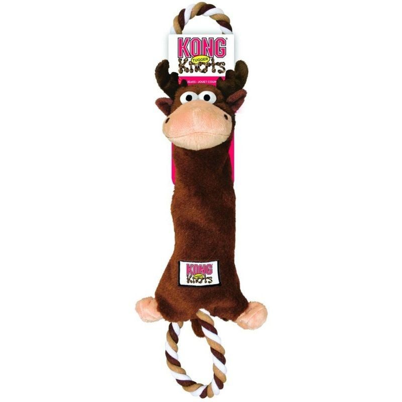 Jouet KONG Tugger Knots Moose ML pour chien emballé sur carte porteuse, vue avant : élan brun en pel