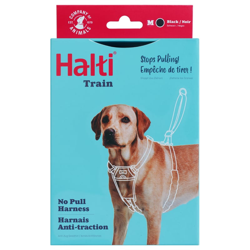 Vue avant de l'emballage du harnais d'éducation Halti Non-Pull taille M par Company of Animals, avec