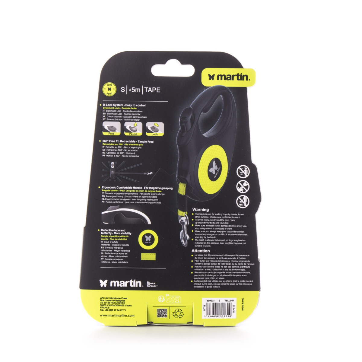 Laisse rétractable fluo Martin Sellier jaune nylon (S - 5m) pour chien et chat