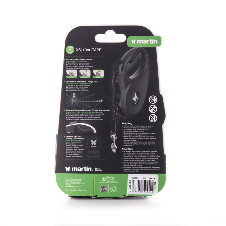 Laisse rétractable Instinct Martin sellier noire (XS - 3m) pour chien