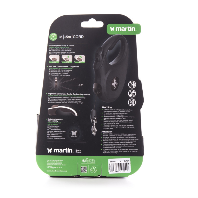 Laisse rétractable Instinct Martin sellier noire en corde (5m) pour chien