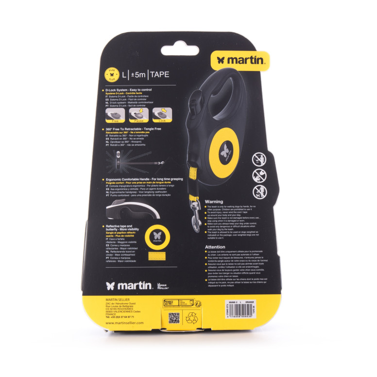 Laisse rétractable Martin Sellier orange fluo (5m) pour chien et chat