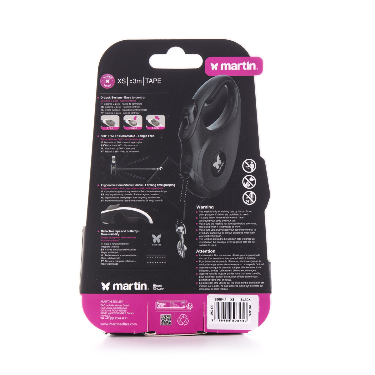 Laisse rétractable noir Martin Sellier (XS - 3m) pour chien et chat