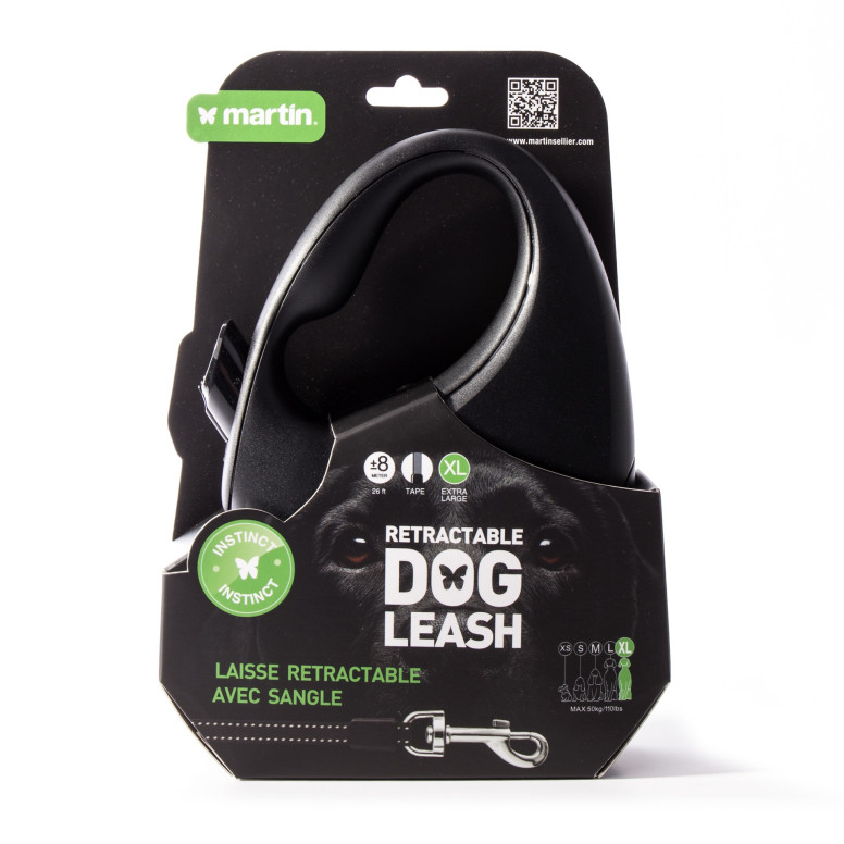 Laisse rétractable Martin Sellier Instinct Sangle noire XL (8m) pour chien et chat | DO&KA