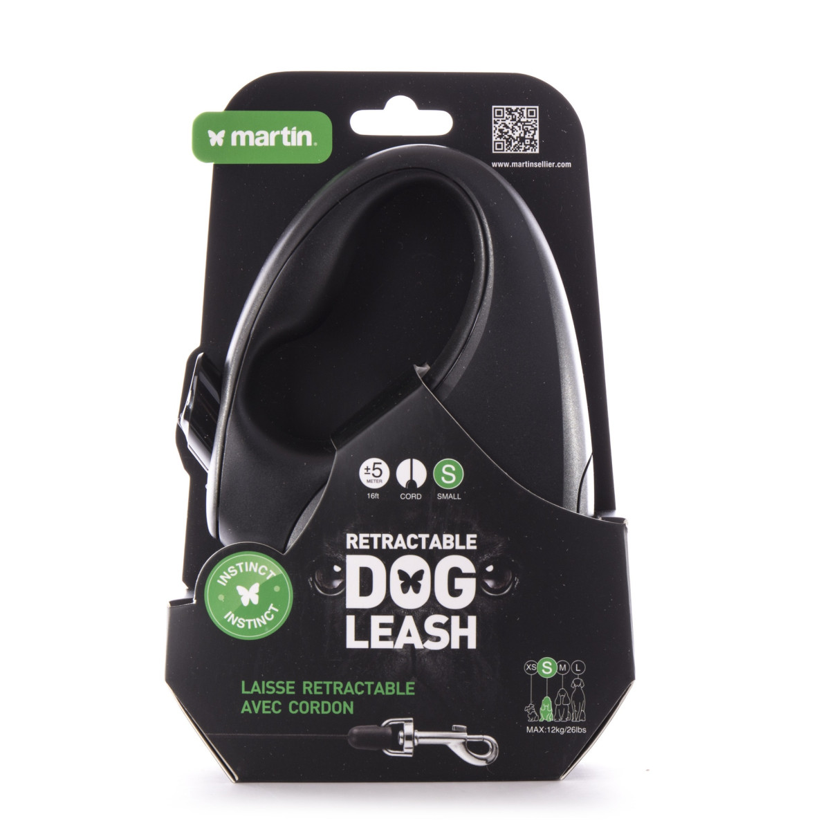 Laisse rétractable noire Martin Sellier Instinct en corde (5m) pour chien