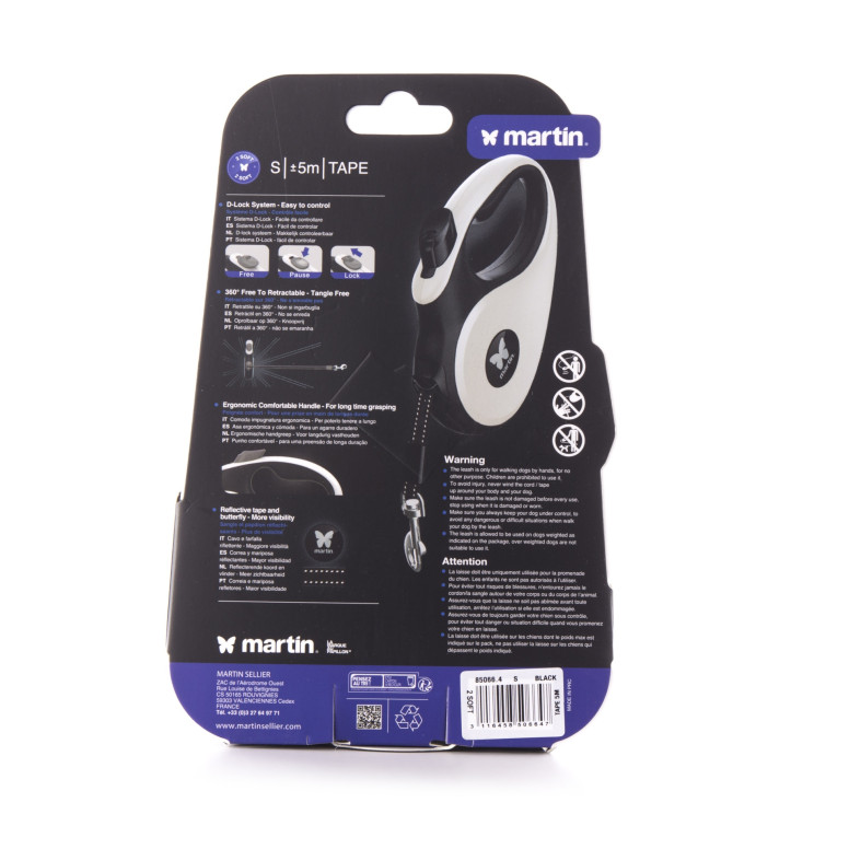 Laisse rétractable noire Martin sellier Soft sangle (5m) pour chien