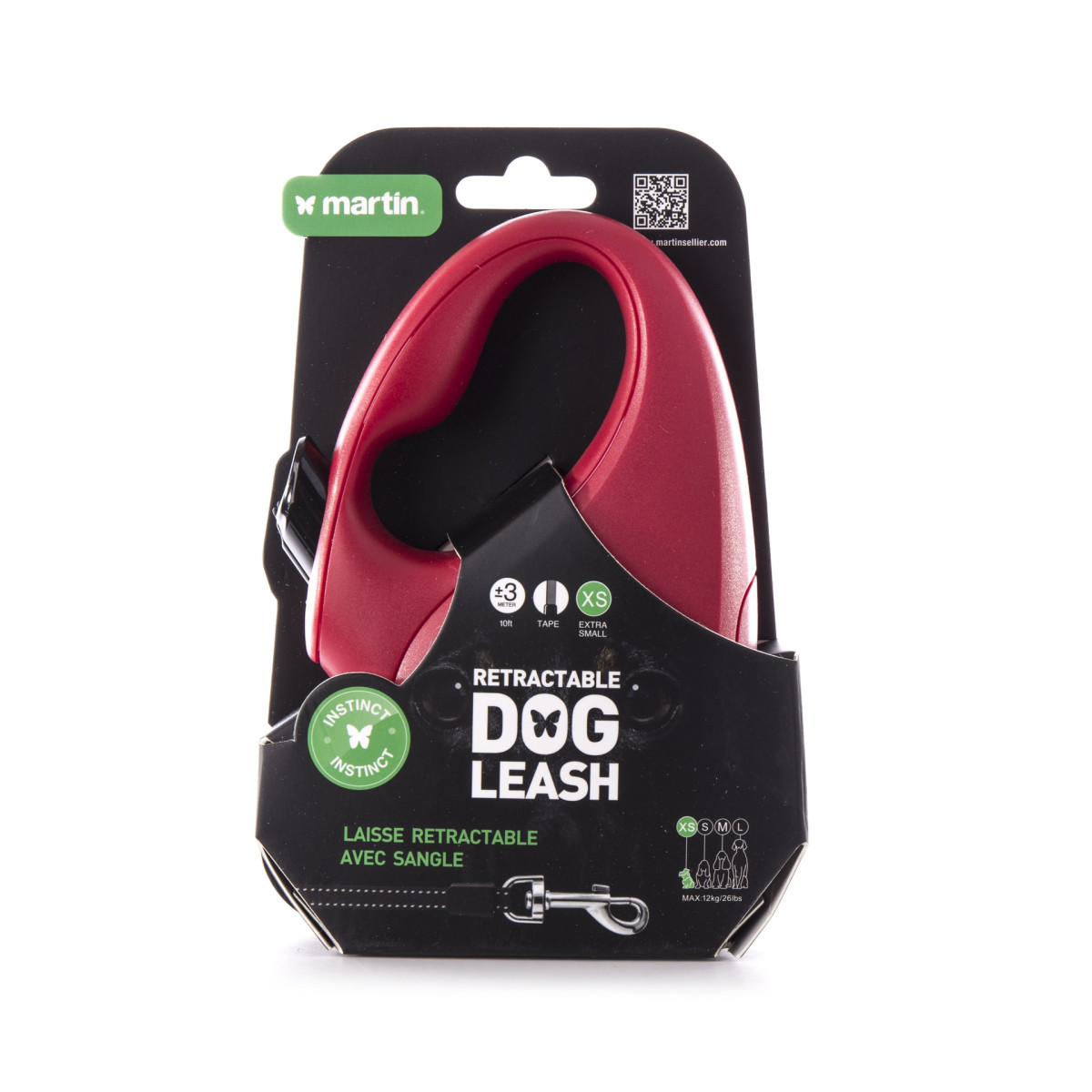 Laisse rétractable rouge Martin Sellier Instinct en sangle (XS - 3m) pour chien