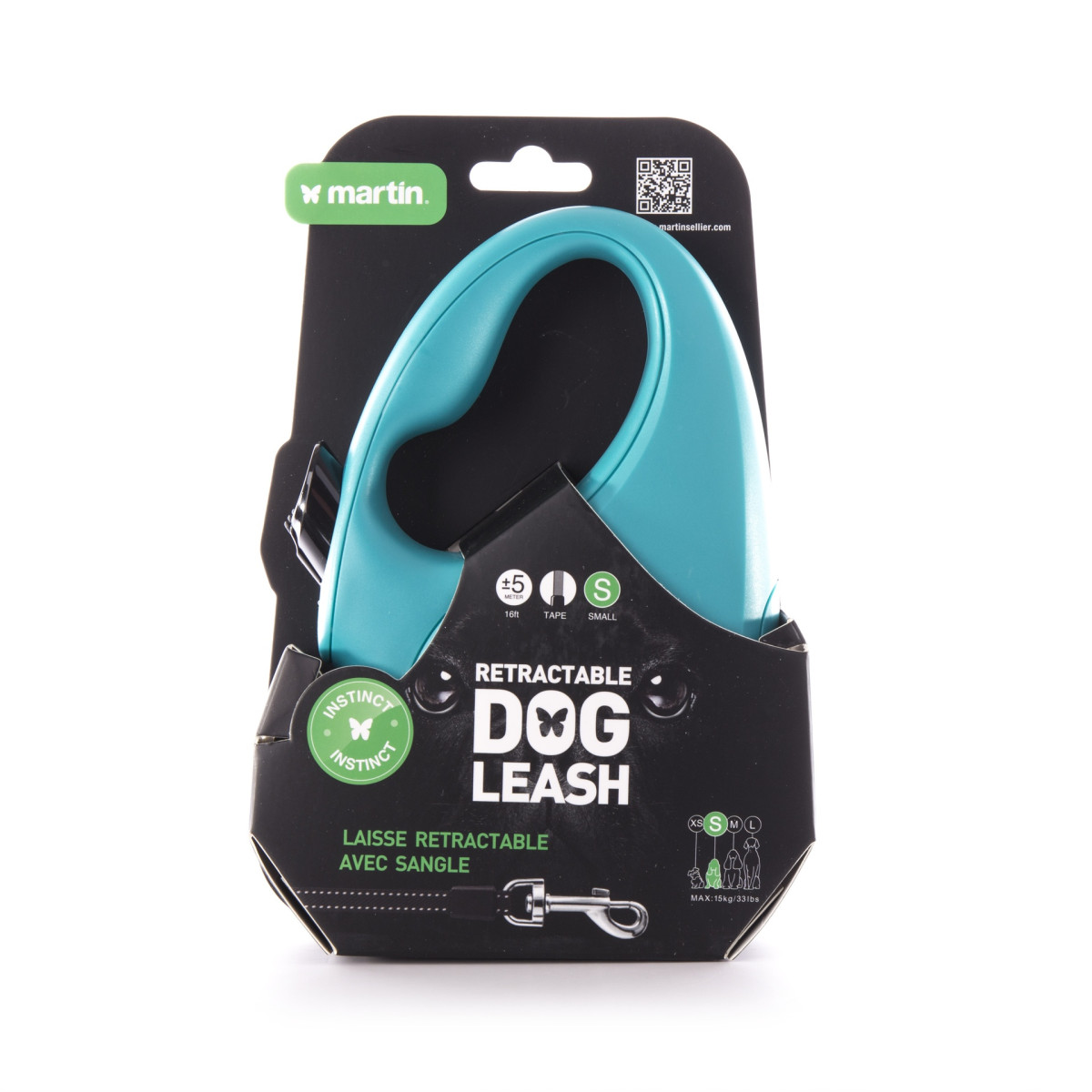 Laisse rétractable turquoise Martin sellier Instinct en nylon (5m) pour chien