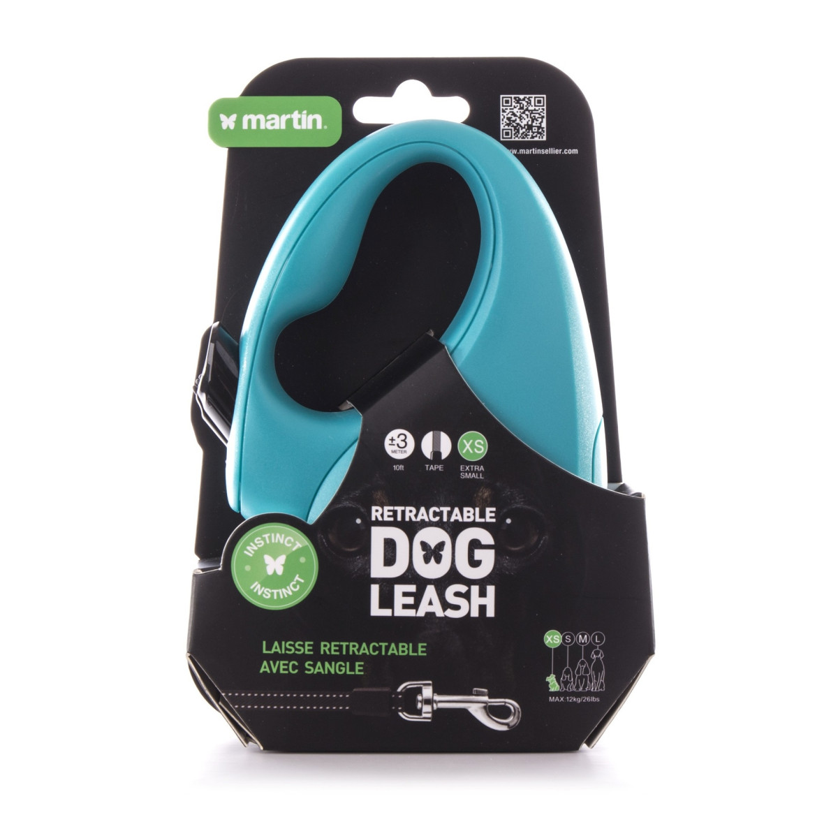 Laisse rétractable turquoise Martin Sellier Instinct en sangle (XS) pour chien