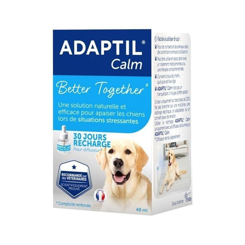 Packshot du diffuseur apaisant ADAPTIL + recharge avec vue de face du diffuseur et flacon de recharg