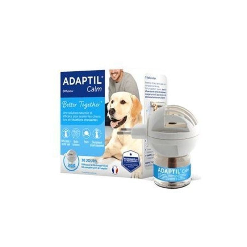 Packshot du diffuseur apaisant ADAPTIL + recharge montrant le diffuseur et la bouteille de recharge