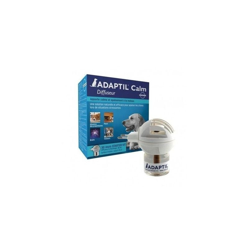 Packshot du diffuseur apaisant Adaptil + recharge montrant le diffuseur branché sur une prise murale