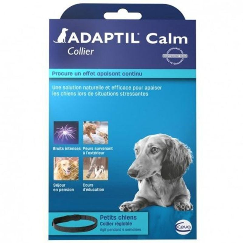 Collier ADAPTIL Calm pour petits chiens, vue de côté avec sangle réglable et boucle sécurisée.