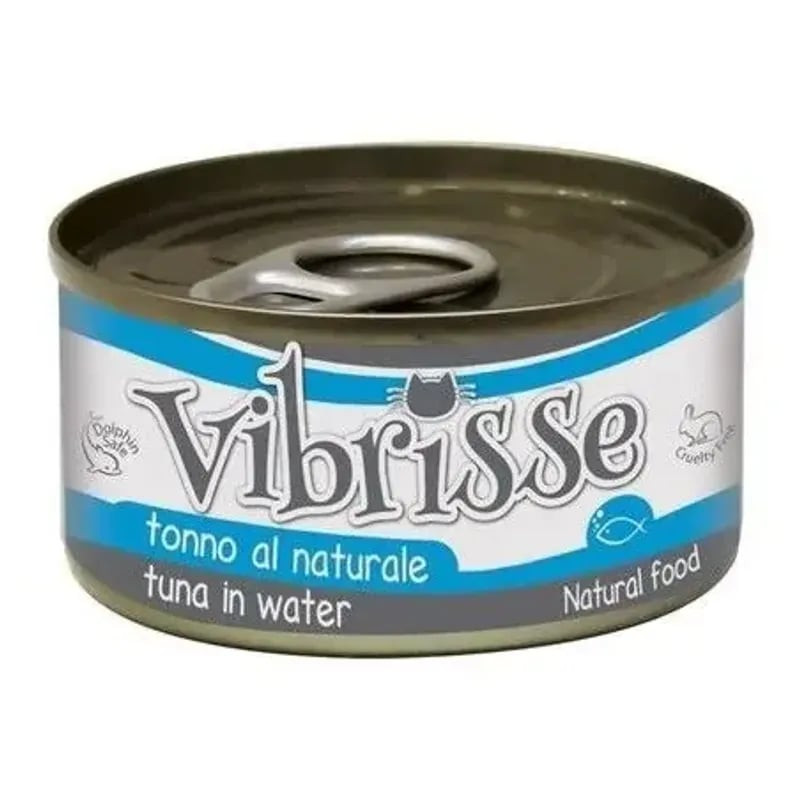Packshot de la pâtée pour chat Vibrisse Thon au Naturel, révélant une boîte avec des morceaux de tho