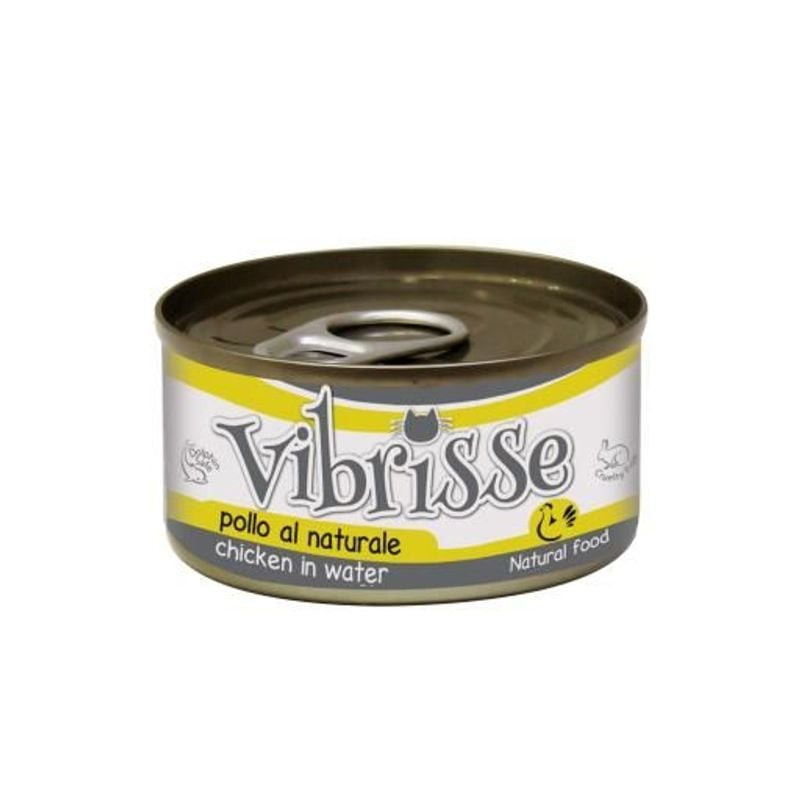Packshot de la pâtée pour chat Vibrisse Natural au poulet montrant un sachet avec des morceaux de po
