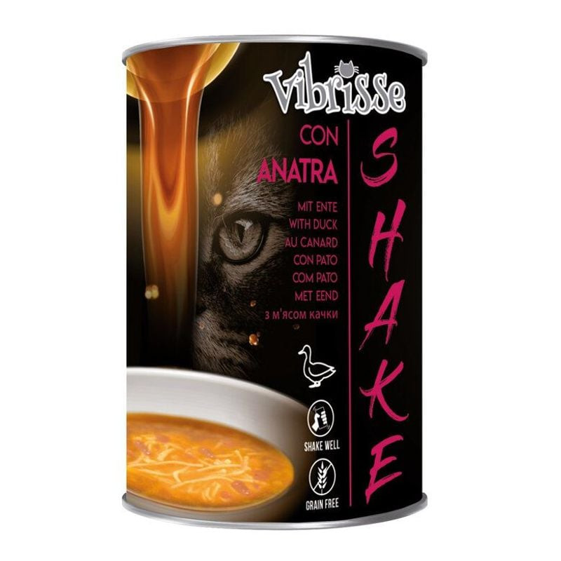 Packshot de la soupe pour chat Vibrisse Shake au canard montrant l'emballage et un bol de soupe