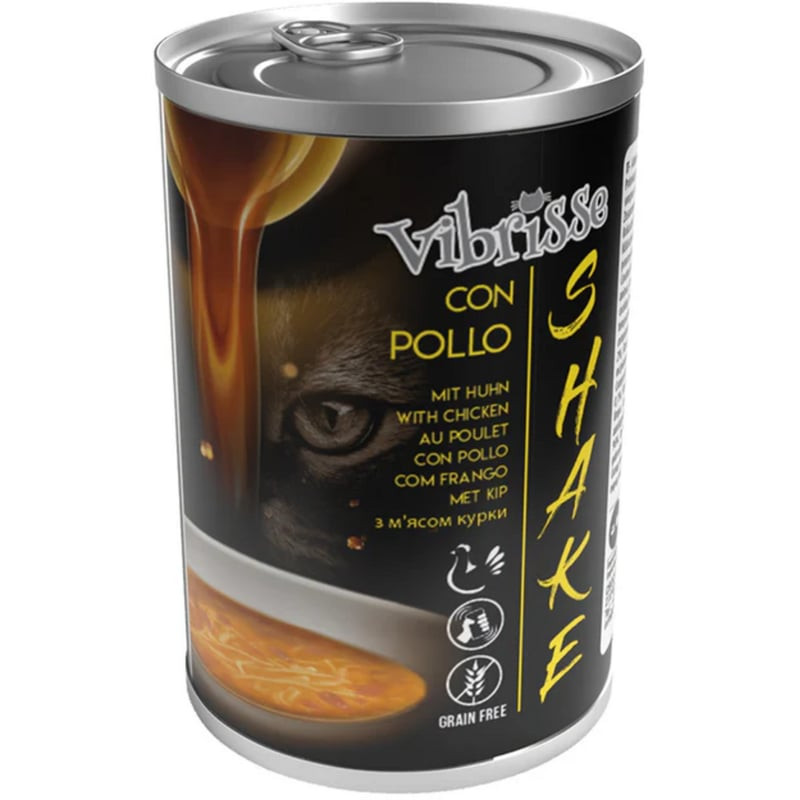 Packshot de la soupe pour chat Vibrisse 2008011, sachet avec bouillon de poulet et morceaux frais, f