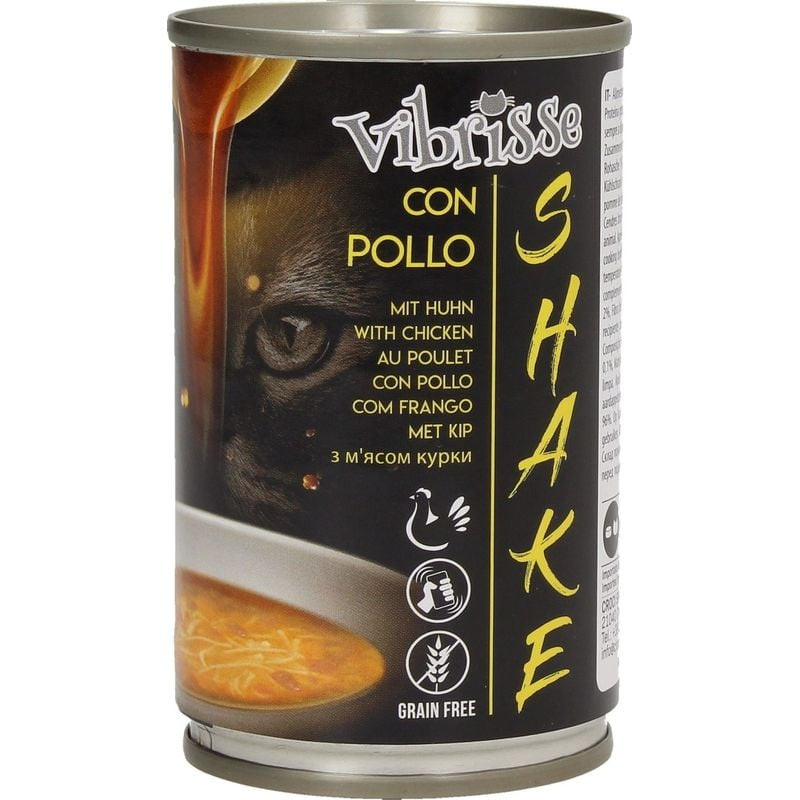 Packshot de la soupe pour chat Vibrisse 2008011, mettant en valeur la texture liquide et les morceau