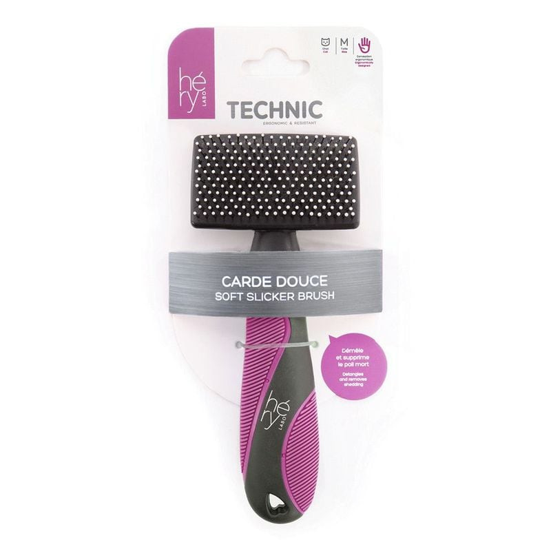 Carde douce pour chat HERY M en packshot, brosse à picots souples pour poils mi-longs