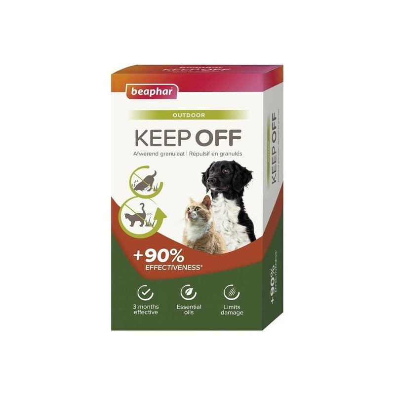 Photo des granulés répulsifs Beaphar KEEP OFF avec détails du produit.