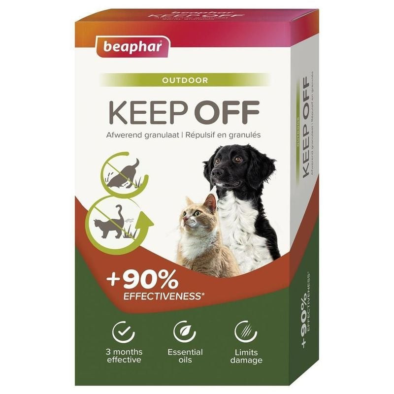 Packshot des granulés répulsifs extérieur Beaphar Keep Off montrant l'emballage du produit.