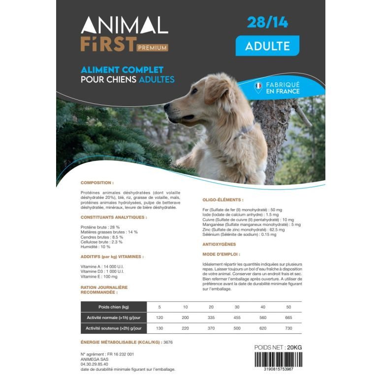 Croquettes pour chien - Animal First Poulet 20 kg, énergie et santé