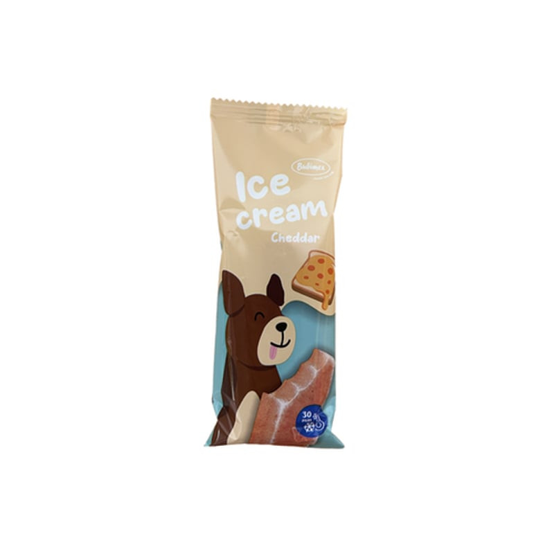 Packshot des friandises glacées pour chien BUBIMEX au goût cheddar, présentant l'emballage et la mar