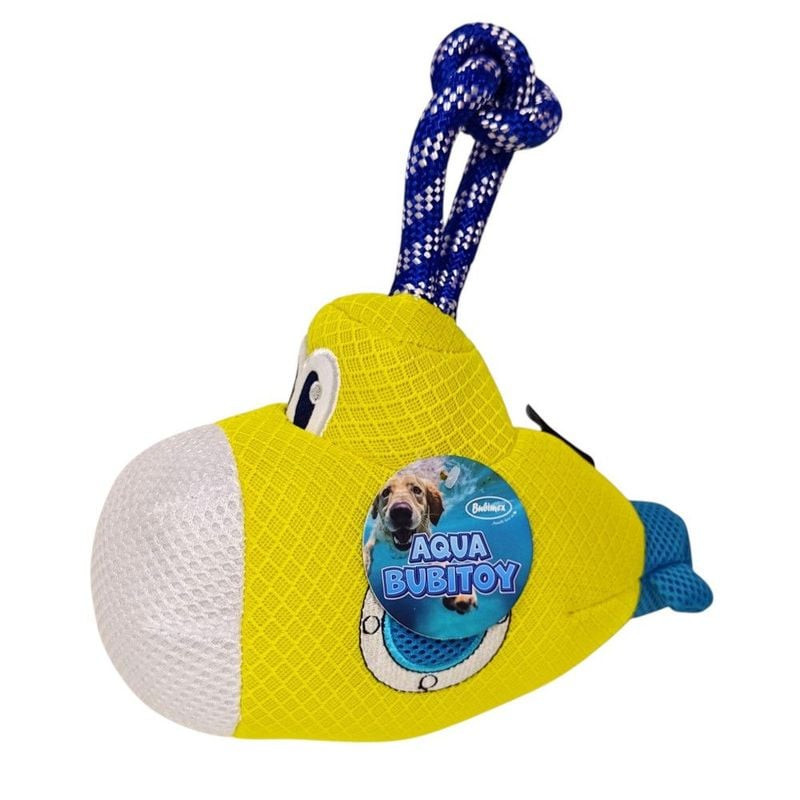 Jouet flottant pour chien Bubimex 1116649 jaune et bleu sur fond blanc, fabriqué en TPR et nylon pou