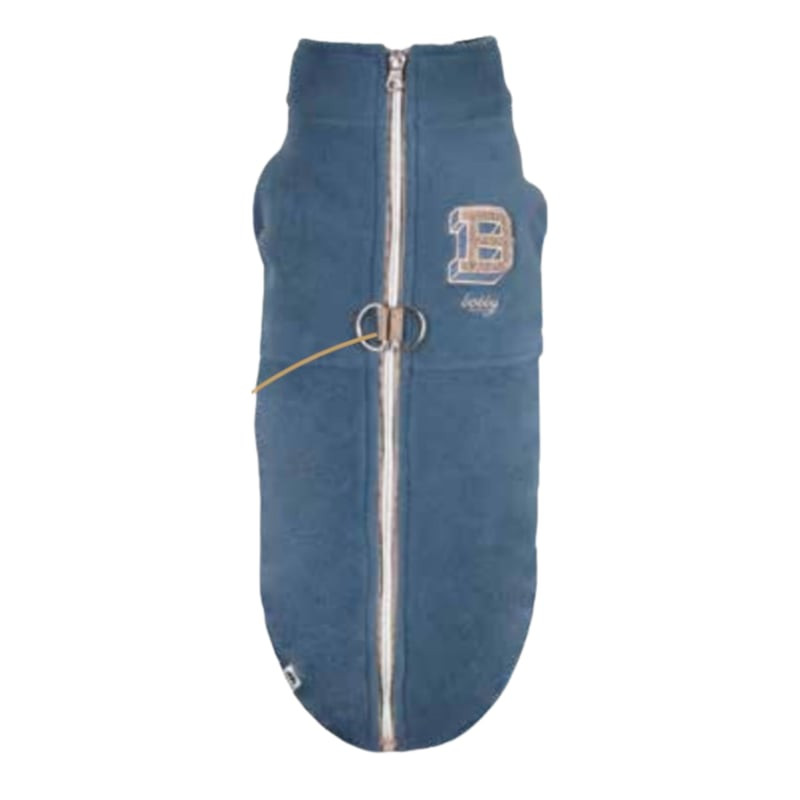 Pull polaire bleu pour chien avec col montant, zip dorsal, patchs décoratifs et anneaux pour laisse 