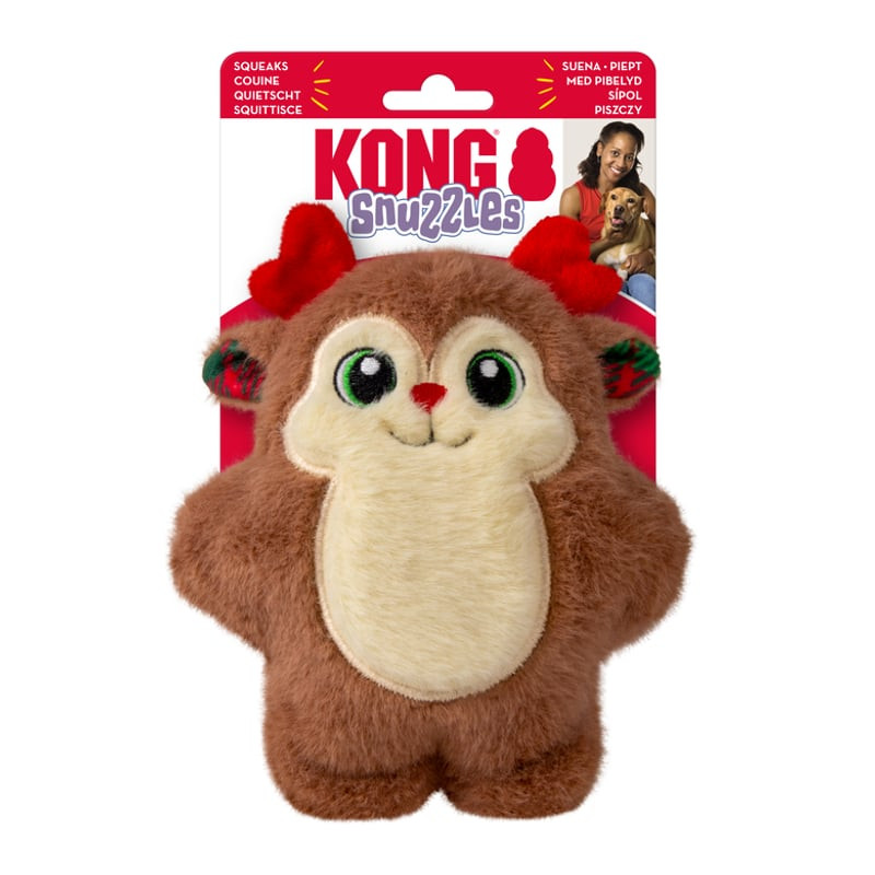 Jouet pour chien en peluche KONG Holiday Snuzzles Reindeer, marron, avec sifflet intégré et tissu do