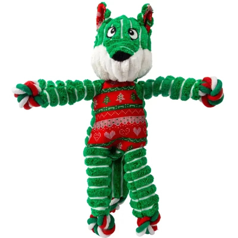 Jouet chien KONG Floppy Knots Fox sur fond blanc, vue avant, design renard festif, membres souples c
